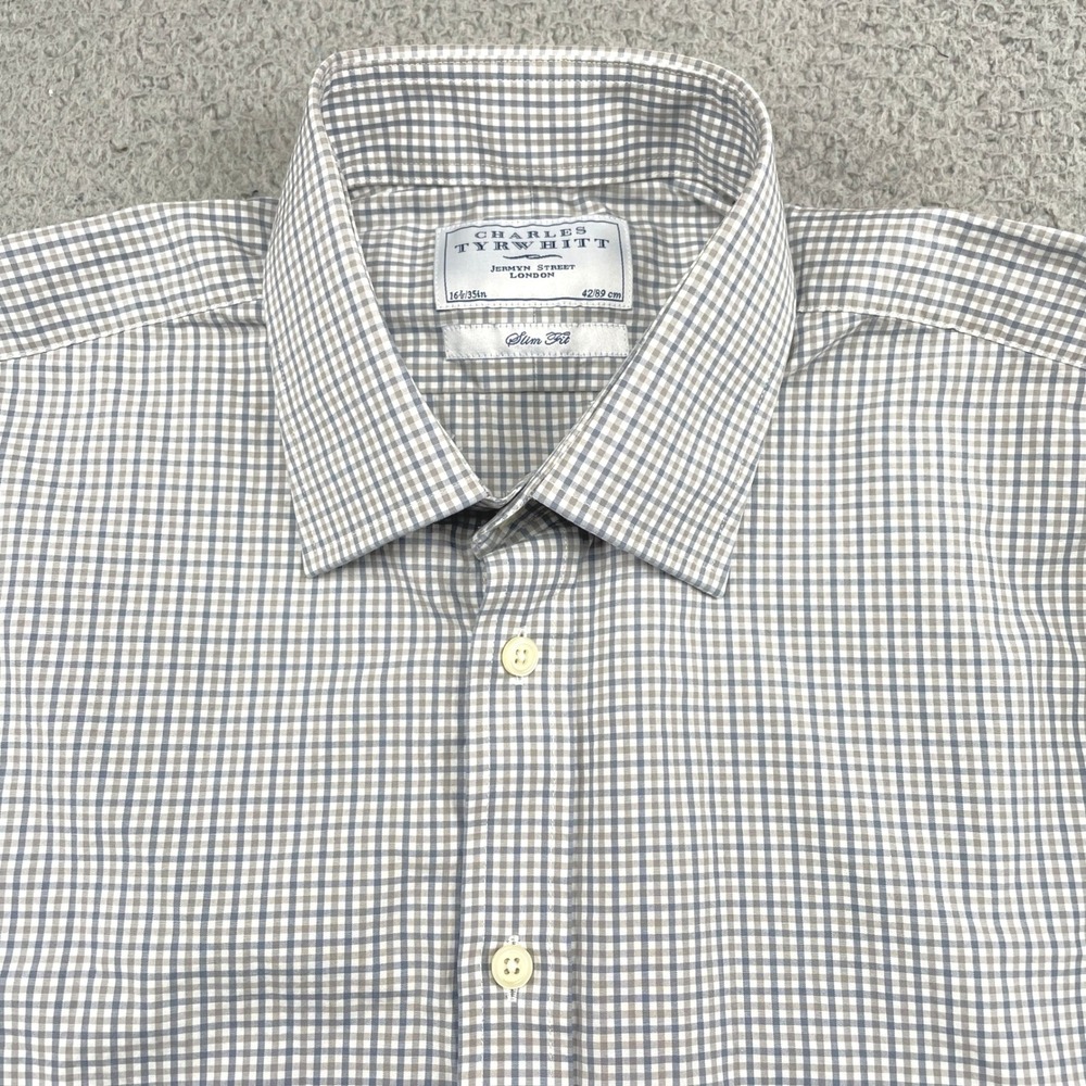 Charles Tyrwhitt Dress Shirt Mens 16.5 35 Blue Gingham Slim Fit French Cuff